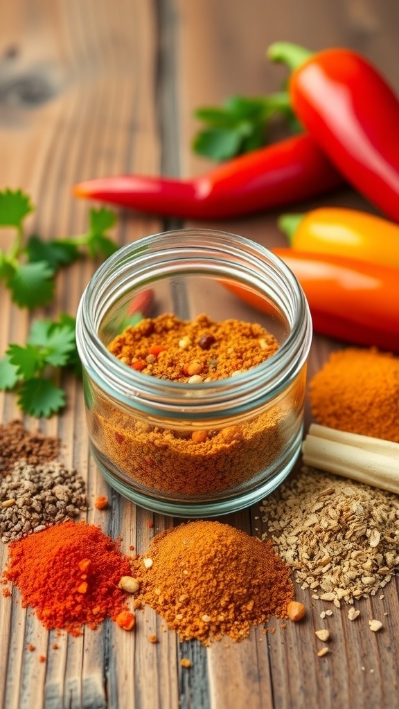 A jar of homemade quesadilla seasoning with spices and herbs on a wooden table.